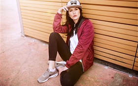 Red jacket, girl, hat HD wallpaper