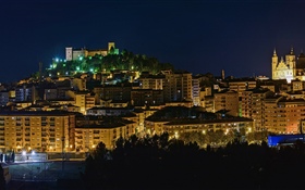 Spain, Aragon, lights, night, city, buildings