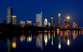 Austin, USA, city night, skyscrapers, lights, river, moon HD wallpaper