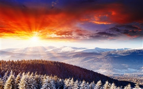 Beautiful sunset, clouds, mountains, trees HD wallpaper