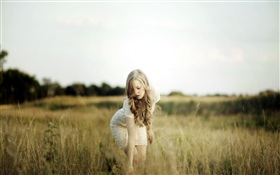 Blonde girl, grass, summer HD wallpaper