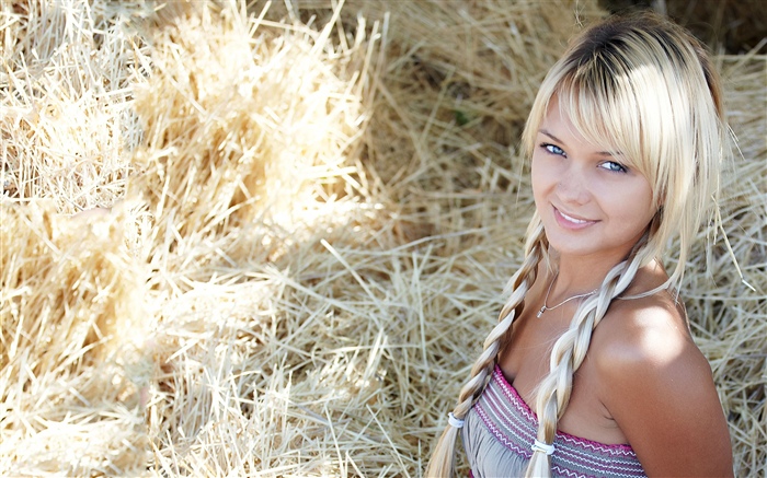 Blonde girl, smile, hay Wallpapers Pictures Photos Images
