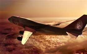 Boeing 747 airplane, clouds, sun HD wallpaper