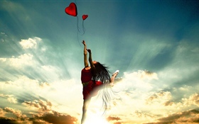 Dancing girl, red skirt, love heart, clouds, sun rays HD wallpaper