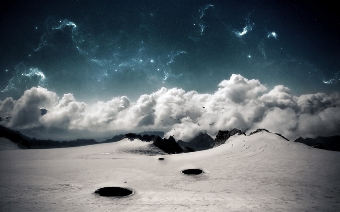 Desert, clouds, birds, creative design Wallpapers Pictures Photos Images