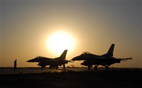 F-16 fighters, sunset HD wallpaper
