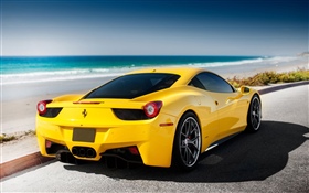 Ferrari yellow car, sea, beach HD wallpaper
