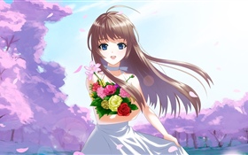 Happy anime girl, flowers, wind HD wallpaper