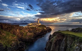 Ireland, lighthouse, sea, rocks, sunset
