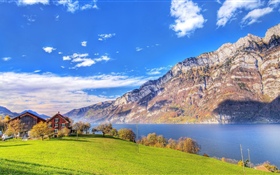 Lake, mountains, house HD wallpaper