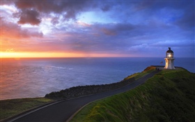 Lighthouse, sea, sky, dusk HD wallpaper