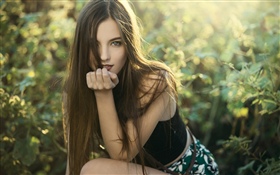 Long hair girl, bushes HD wallpaper