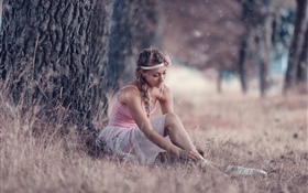 Lovely young girl, ballerina, grass, tree HD wallpaper