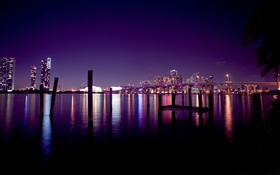 Miami, city, night, river, skyscrapers, lights, night, USA HD wallpaper