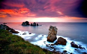 Nature landscape, sea, rocks, sunset HD wallpaper