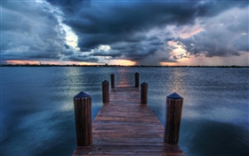 Pier, sea, clouds, dusk HD wallpaper