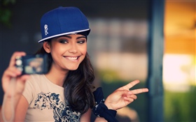Smile girl, blue hat HD wallpaper