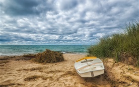 Beach, sea, boat, grass, clouds HD wallpaper