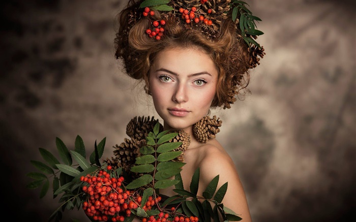 Girl, hairstyle, red berries Wallpapers Pictures Photos Images