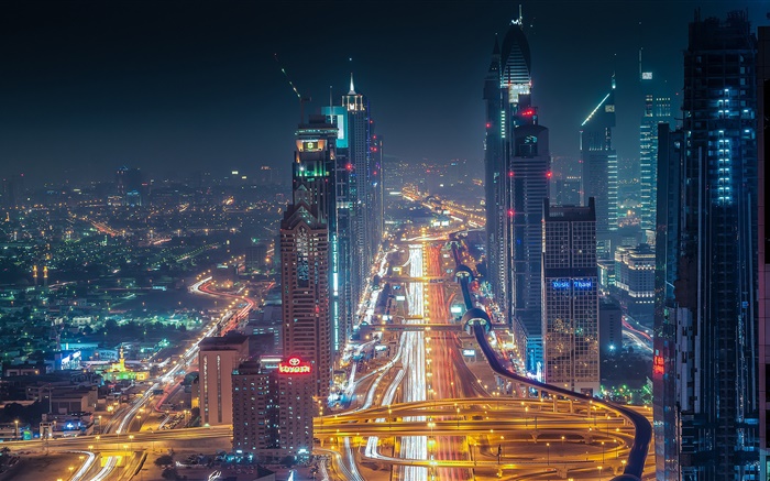 Dubai, skyscrapers, roads, lights, night Wallpapers Pictures Photos Images