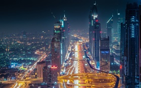 Dubai, skyscrapers, roads, lights, night HD wallpaper