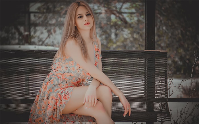 Long hair girl, sit, skirt, legs Wallpapers Pictures Photos Images