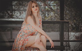 Long hair girl, sit, skirt, legs HD wallpaper